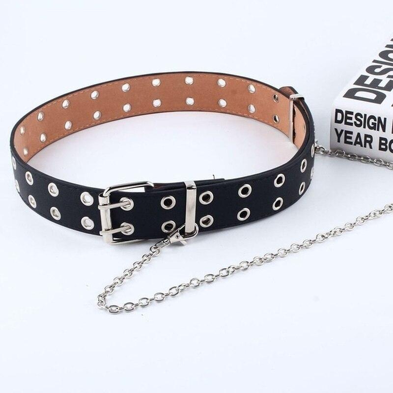 Women Punk Chain Fashion Belt Adjustable Double/Single Row Hole Eyelet Waistband with Eyelet Chain
