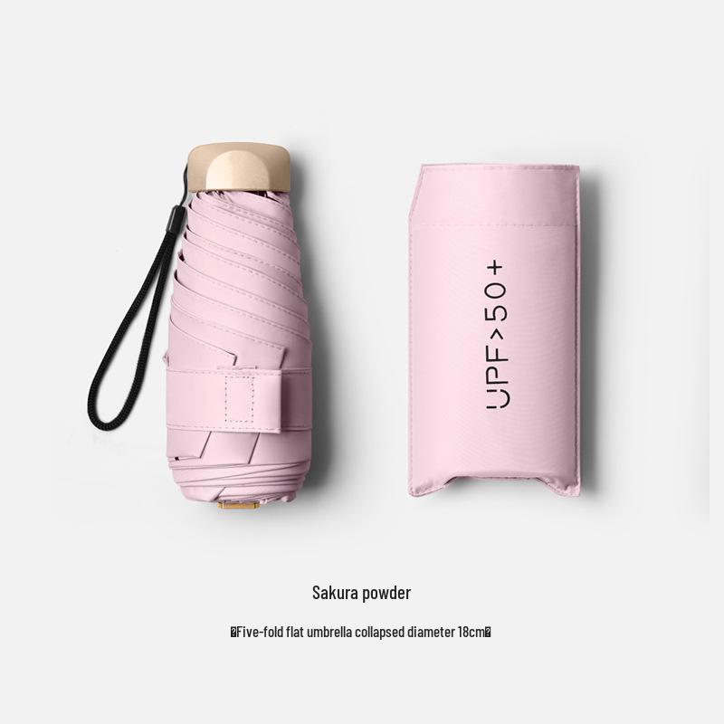 Compact Women's Five-Fold Sunshade Umbrella - Black Glue, UV Protection, for Sunny and Rainy Days, Customizable for Advertising