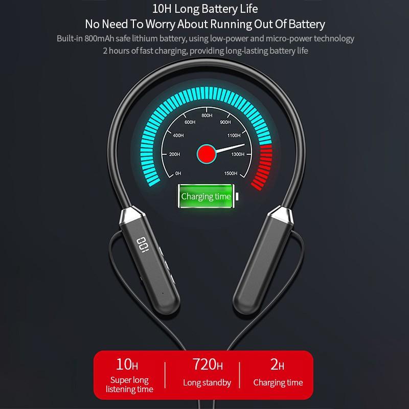 Waterproof Bluetooth Neck Strap, Waterproof Sports Earphones, Suspended Stereo Earphones, Wired Music with LED Display Screen