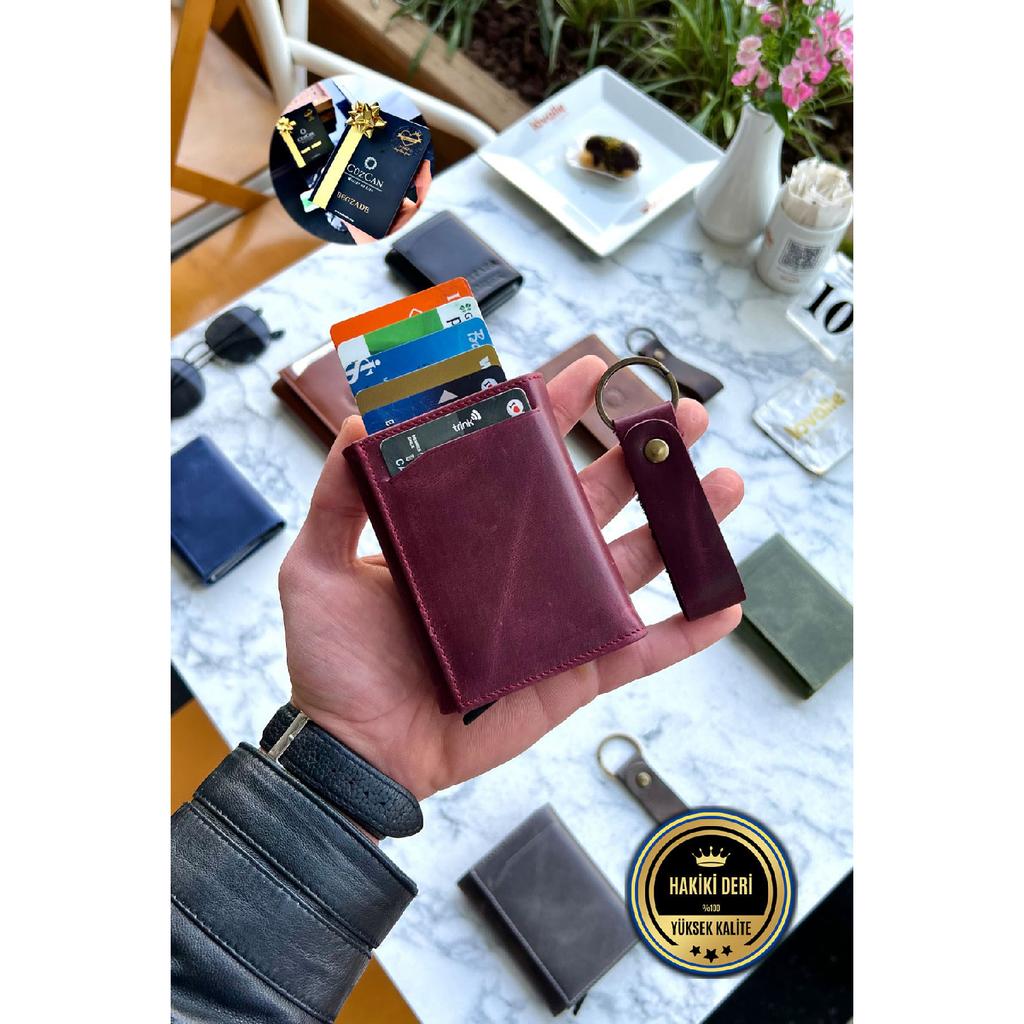 Унисекс черный кошелек из натуральной кожи с механизмом - (Специально для имени) - (Подарок на брелок из натуральной кожи)