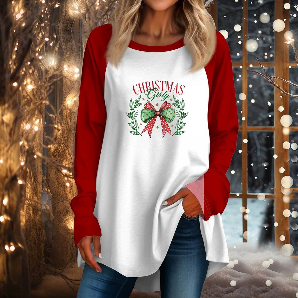 Женская повседневная футболка больших размеров с длинными рукавами и круглым вырезом с рождественским принтом, топ, пуловер