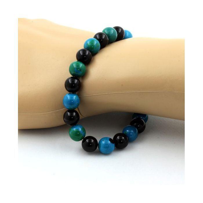 Stones and Minerals. Bracelet Chrysocolla Beads + Black Agate 8 Mm. Made In France.