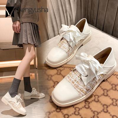 Модные туфли-оксфорды со шнуровкой и резинкой, женские, клетчатые, на плоской подошве, с квадратным носком, осенне-зимние, студенческие, маленькие кожаные туфли, женские, большого размера