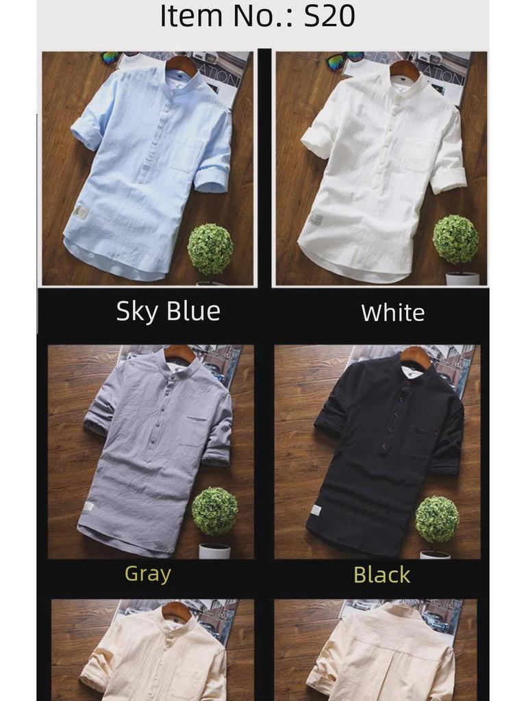 2023 Мужская модная белая льняная рубашка облегающего кроя с короткими рукавами