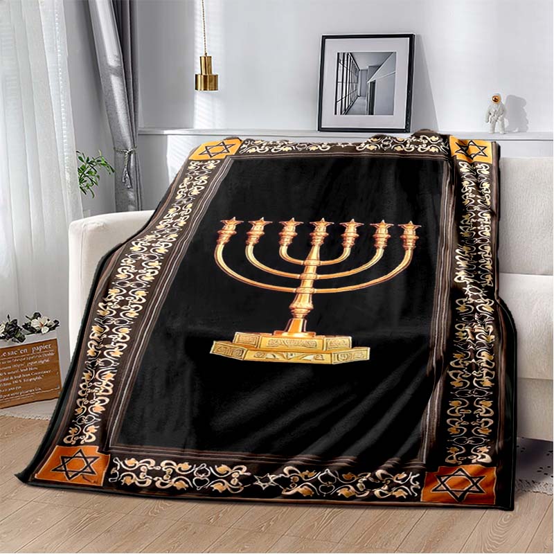 Golden Menorah Star David Red Floral Vintage Frame Black Print Soft Flannel Throw Blanket Sofa Bed Religious Holiday Warm Decor Cover