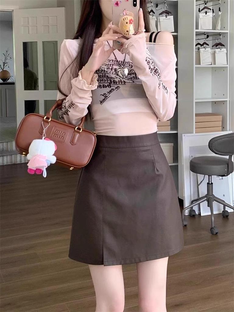 Women's Petite Black PU Leather A-Line Mini Skirt - Autumn/Winter Wrap Hip Style