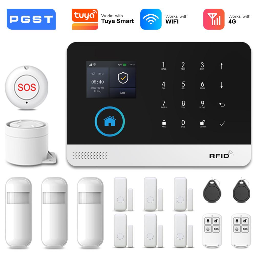 PGST 4G 2G WiFi GSM Беспроводная система сигнализации Защита безопасности дома Комплект системы сигнализации PIR-датчик Работает с Tuya Smart Life Alexa