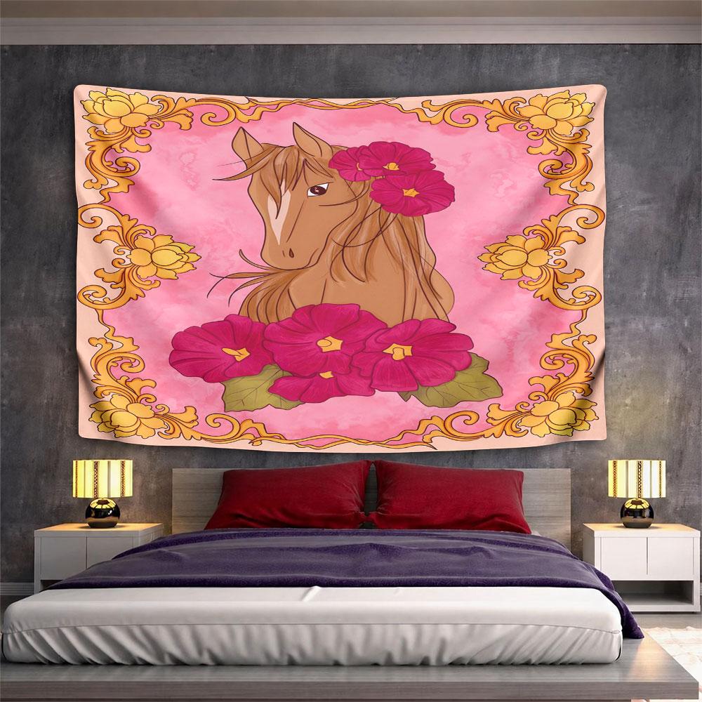 Horse with Flowers and Ornate Frame Design Pattern Wall Hanging Tapestry Decorative Tapestry Home Decor for Bedroom and Living Room