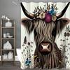 Highland Cow Floral Shower Curtain, Bathroom Decorative Shower Curtain, Waterproof Shower Curtain with Hooks
