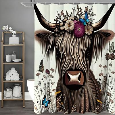 Штора для душа с цветочным рисунком шотландской коровы, декоративная штора для душа для ванной комнаты, водонепроницаемая штора для душа с крючками