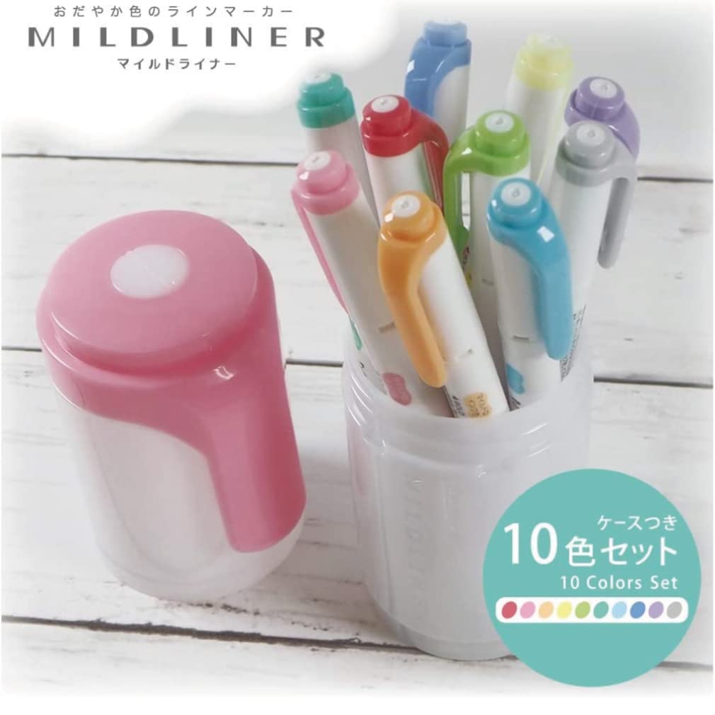 Zebra Mildliner 10 with Hard Pink Highlighters, Colors, Case, (WKT7-HD-P-AZ)