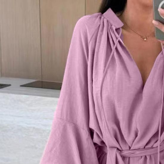 Женское летнее платье-рубашка с оборками, длинными рукавами, V-образным вырезом, короткое платье из шифона, А-силуэта, завязывающегося на талии, струящееся мини-платье