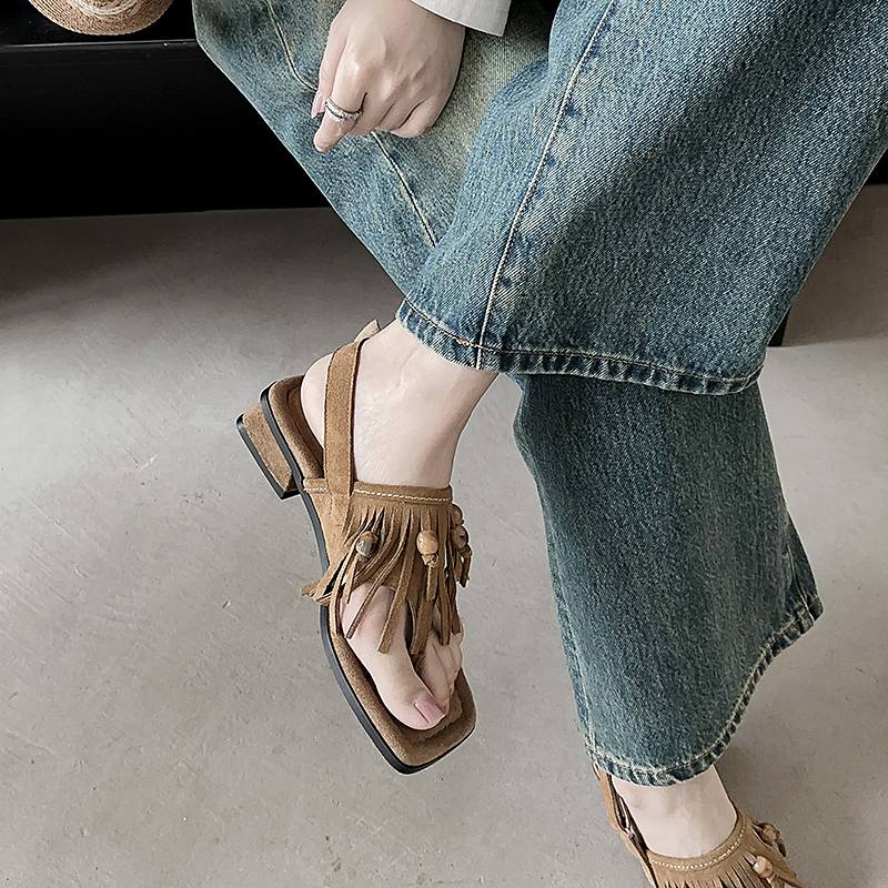 Krazing Pot Коровья замша нубук лето размер 40 липучка кисточка бахрома низкий каблук женские босоножки с открытым носком