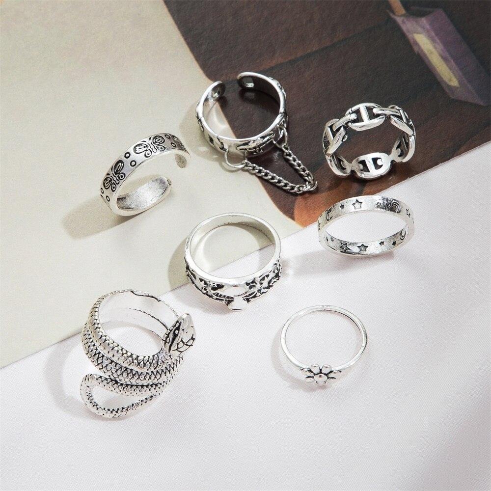 17KM Винтажный серебряный цвет, змея, бабочка, цветок, гриб, звезда, луна, набор колец для женщин и мужчин, готические кольца, модные ювелирные изделия, подарки