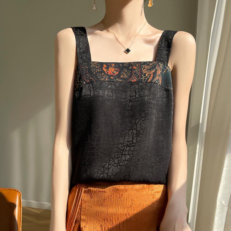 Шелковая кофточка с китайской вышивкой, квадратным воротником и безрукавкой