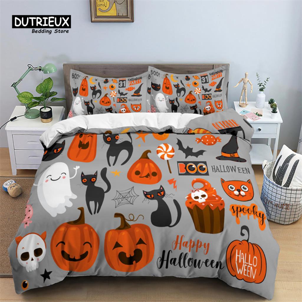 Skull Bedding Set Halloween Bats Duvet Cover King Size Microfiber Pumpkin Skeleton Print Comforter Cover With Pillowcases Decor