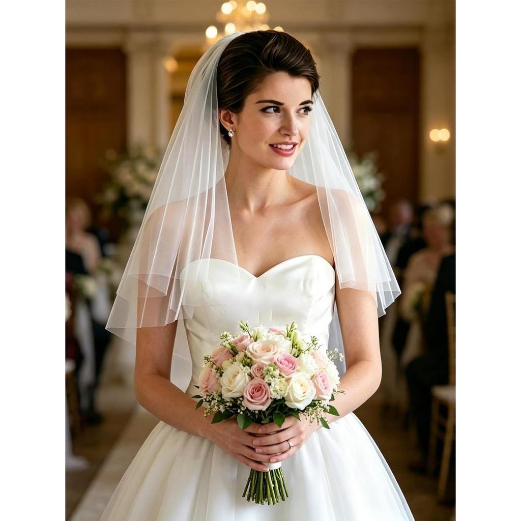 2 Tiers Wedding Veil Short Tulle Bridal Veils with Comb Elbow Length
