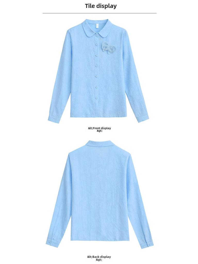 Осень 2024 г. Женская рубашка с длинным рукавом из чистого хлопка с жаккардовой вышивкой