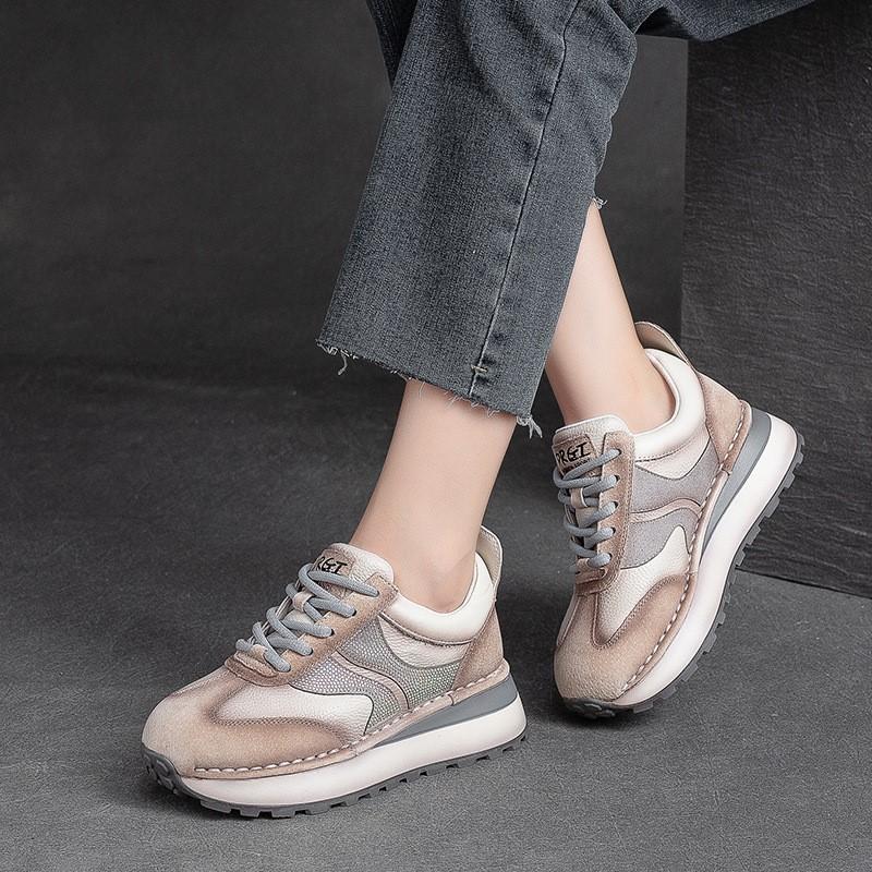 Johnature Genuine Leather Mixed Colors Lace-up Sneakers Women Leisure Sport Soft Sole Comfortable Shoes
