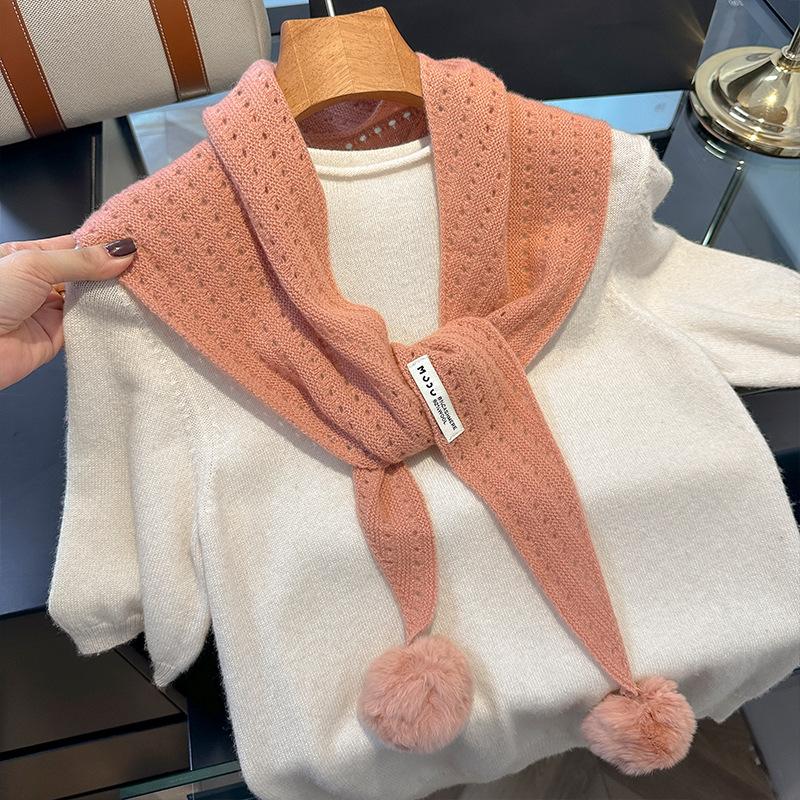 British Korean Triangle Scarf With Ball Niche 100% Wool Scarf Women Headscarf Knitted Scarf Multi-functional Warm Winter Scarf