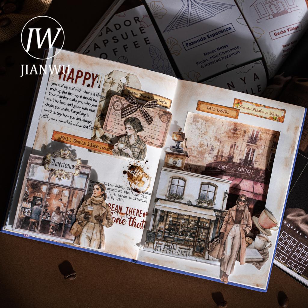 JIANWU Coffee Handmade Bag Series Vintage Cafe Character Landscape Collage Scrapbook Material Creative Junk Journal Stationery