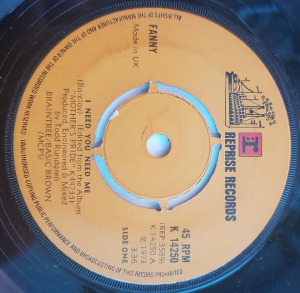 7-дюймовая пластинка FANNY I Need You Need Me K14250 Reprise Records 1973 UK Rock Б/у