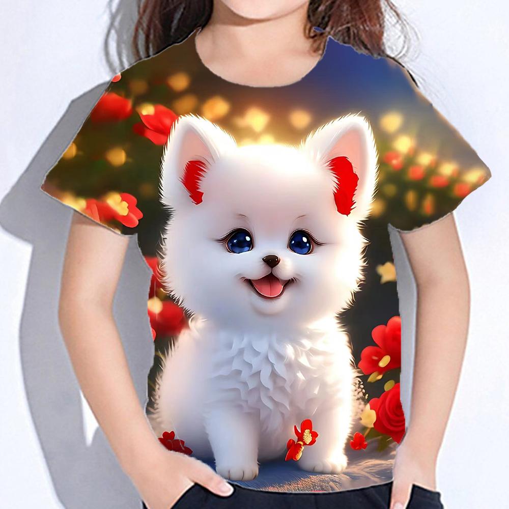 2025 Детская одежда Принт Одежда для девочек Модная блузка Kawaii Футболка Детская одежда Полиэстер Девушка Футболка с коротким рукавом