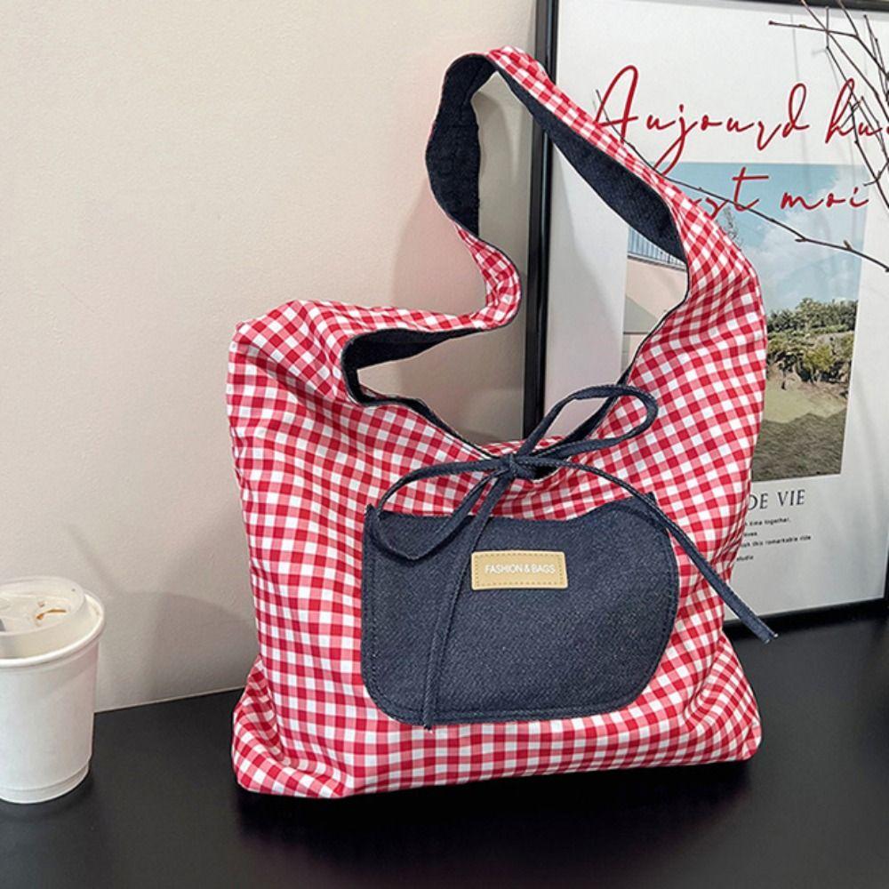 Cloth Denim Shoulder Bag Japanese Style Canvas Tote Bag Double Sided Plaid Denim Vest Bag  Travel