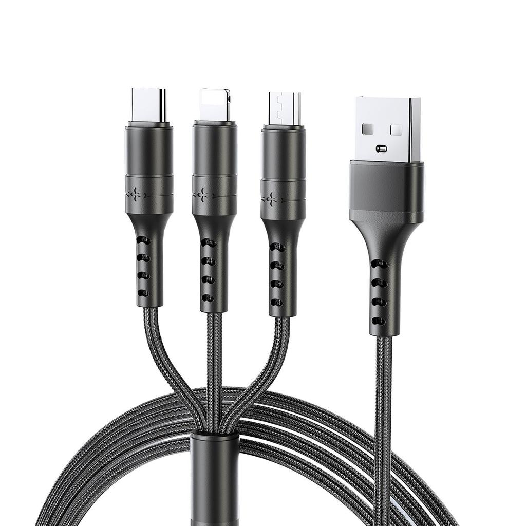 One-to-Three Braided Fast Charging Cable for Apple and Android Devices, USB-C Supported