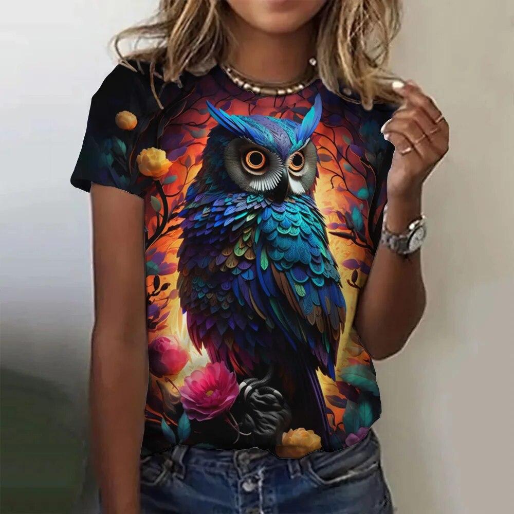 Vintage Animals Print Women's T Shirts Summer Fashion Short Sleeve Top 3d Owl Print Oversized Female Clothing Ladies Holiday Tee