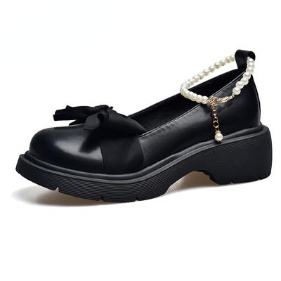 2024 Новые женские туфли на танкетке, платформа, Мэри Джейн, модные, французский жемчуг, бант, массивный каблук, ПУ, женские, с круглым носком, туфли