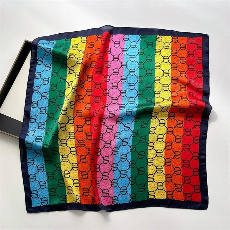 70*70cm Korean Rainbow Silk Square Scarf Women Print Satin Shawl Wrap Hijab Female Bind Hair Band Wrist Luxury Headkerchief