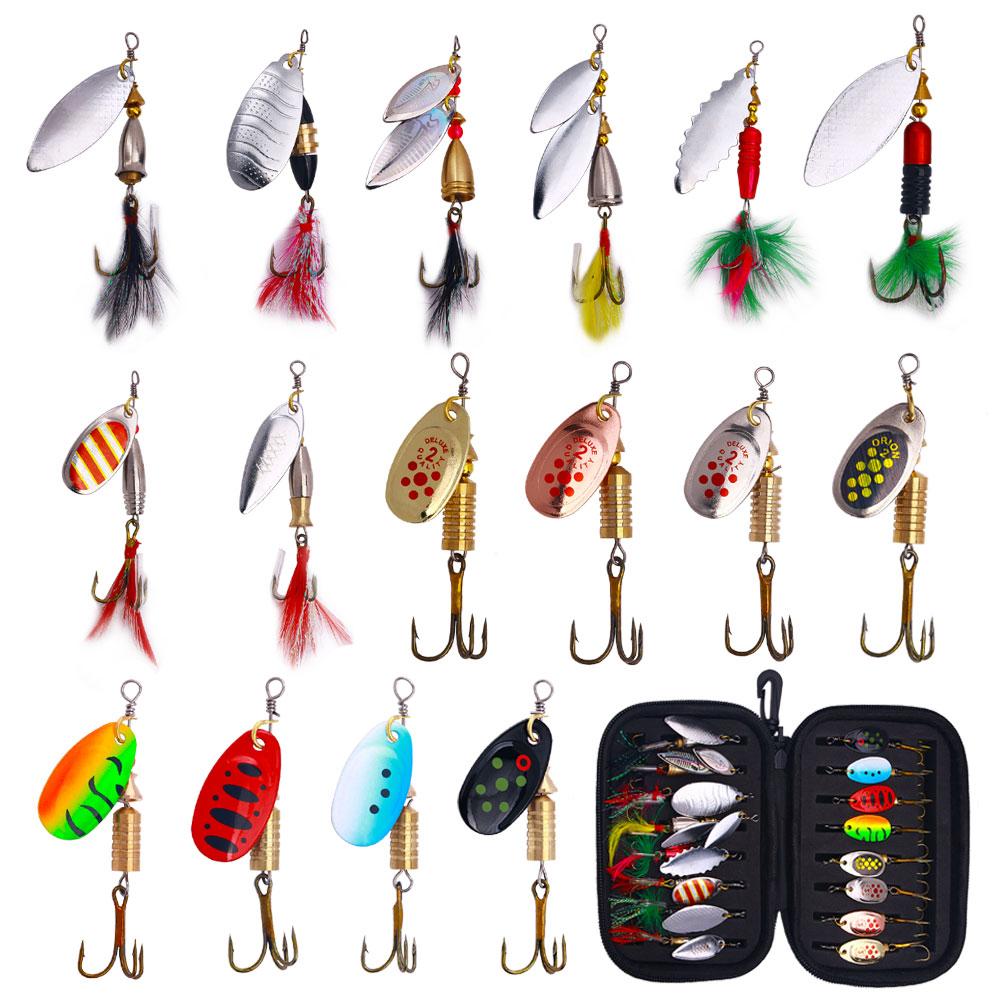 16PCS Rotate Spinnerbait Metal Spoon Spinner Fishing Lure Hard Bait With Feather Treble Hooks with Bag Spinnerbait Tackle