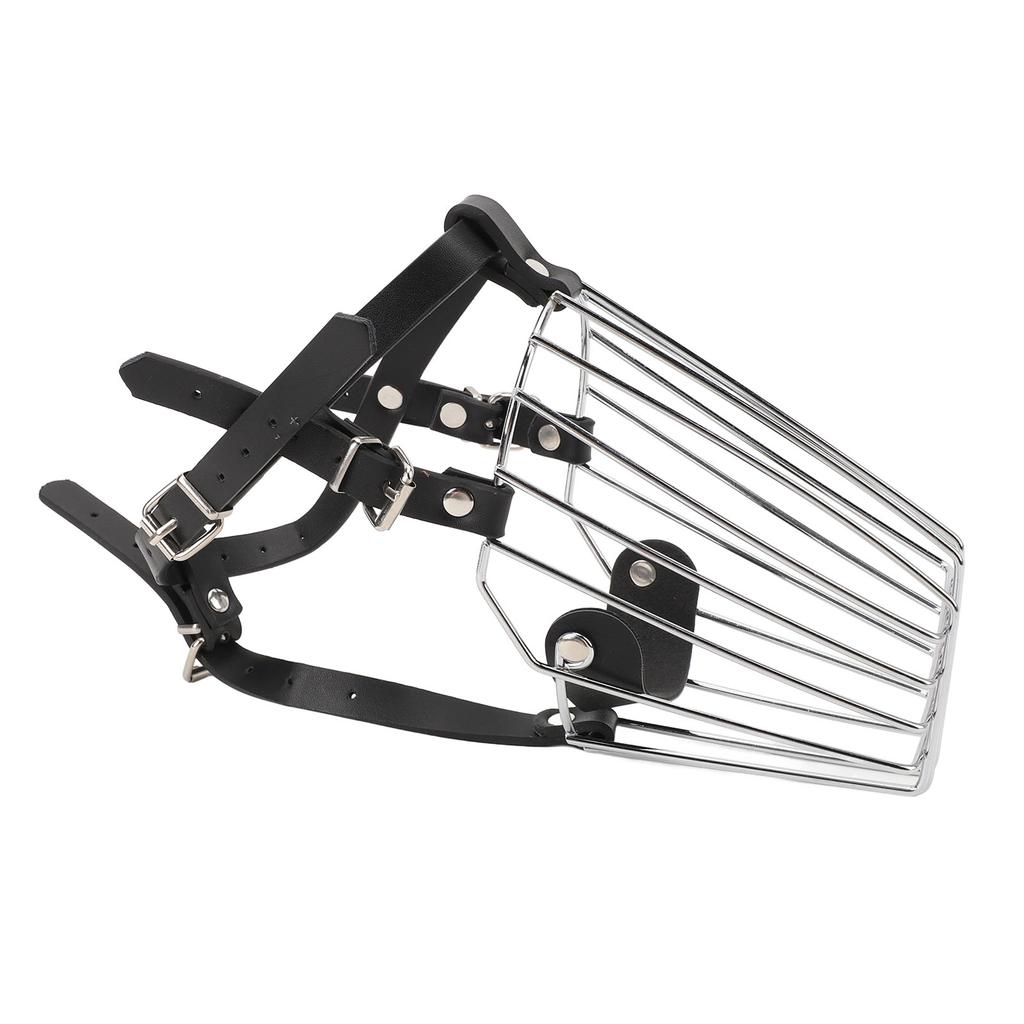 Dog Muzzle Stainless Steel Basket Leather Strap Breathable Prevent Biting Adjustable Muzzle for