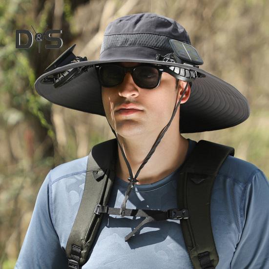 Men Fisherman Hat with 2 Solar Fan Large Brim Windproof Strap USB Charging Anti-UV Sunlight Protection Quick Dry Great Breathability Outdoor Fishing