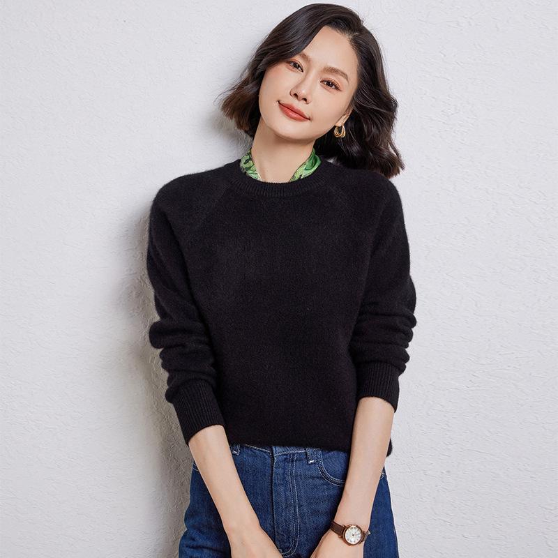 Women's Thick 100% Wool Raglan Sleeve Round Neck Sweater - Loose Knit Long Sleeve Pullover for Autumn/Winter