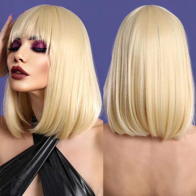 Выделите прямой парик боб для женщин, повседневный парик для косплея, синтетические черно-белые волосы, парики с челкой, термостойкие