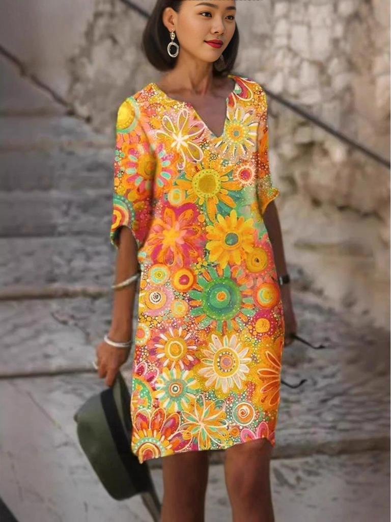 2025 Ретро Художественное Платье с V-образным вырезом, свободного кроя, с рукавами пять четвертей, большого размера