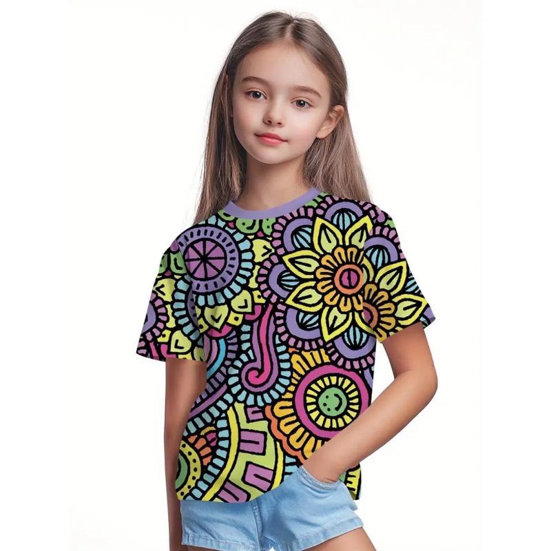 Красивая футболка для девочек Красивый цветочный 3D-принт Летняя мода Топы с круглым вырезом и короткими рукавами Повседневные футболки для детей