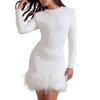 Women's Sequin Feather Trim Mini Dress Long Sleeve Sexy Shiny Bodycon Dress Sparkly Cocktail Gown for Birthday Party Club Night