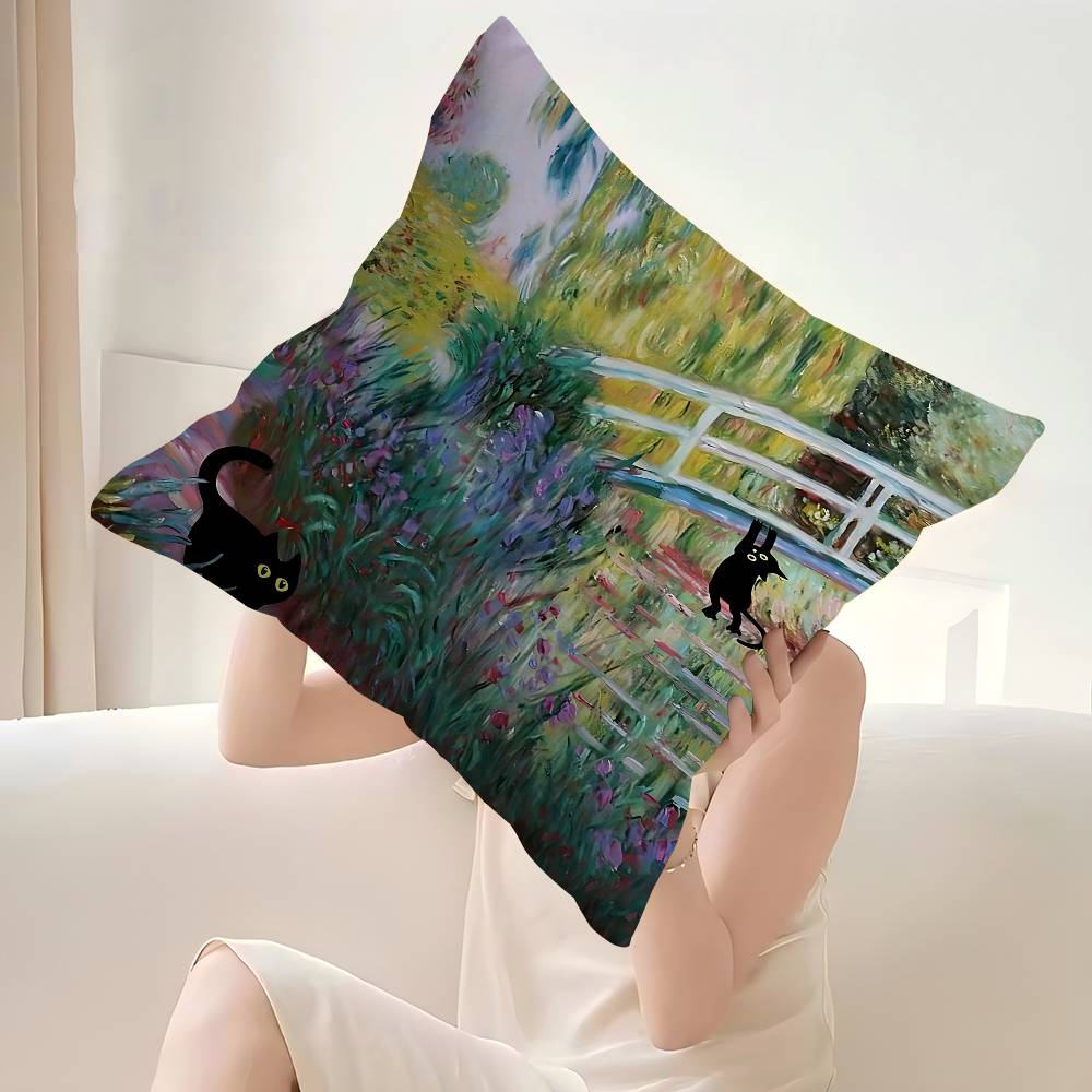 Claude Monet Interesting Cute Black Cat Cushion Cover Car Throw Pillow Case For Sofa Car Christmas Gift xcm xcm