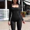 European and American Spring and Autumn Women's Long Sleeved Square Neck Slim Fit Solid Color Base and Hip Lifting Jumpsuit