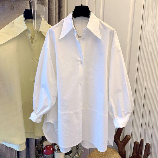 Женская рубашка из хлопка с длинным рукавом, свободная блузка, однотонная, с заостренным воротником, рубашка на весну и осень для вечеринок, путешествий, работы