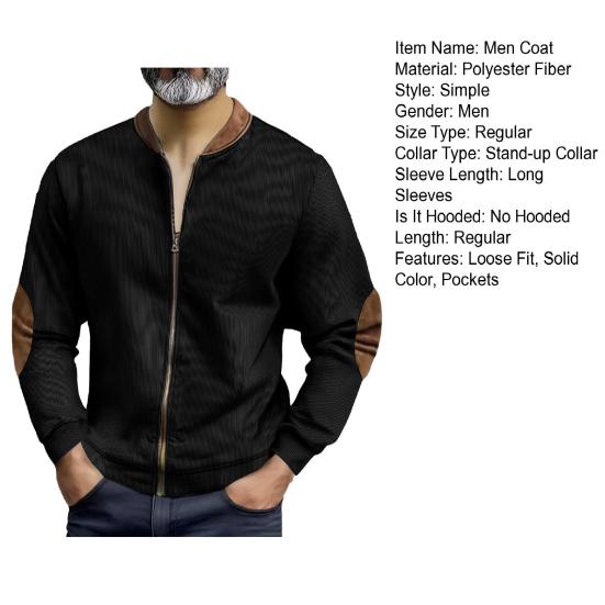 Men Casual Coat Stand Collar Long Sleeve Zipper Closure Plaid Elbow Patch Baseball Jacket Outdoor Street Wear