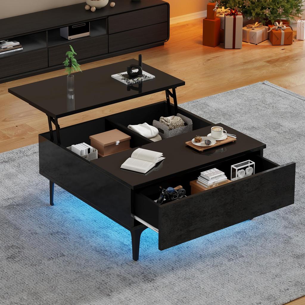 Couchtisch Platte, Moderner Kaffeetisch ausziehbarer LED, Sofatisch Schubladen & Versteckter Stauraum, Beistelltisch Wohnzimmer, Büro, Schwarz