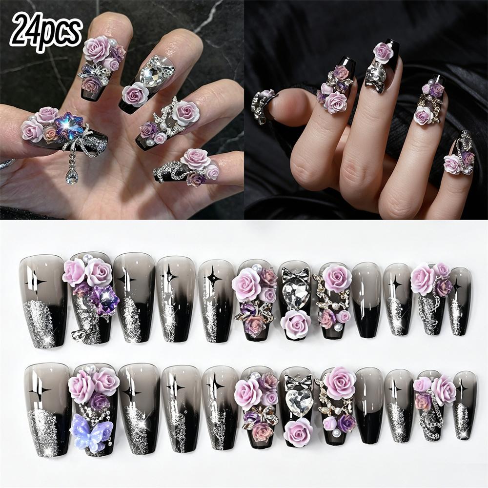 24Pcs Y2K Wearable Nails Black Gradient Foil 3D Purple Rose Glue On Long Stiletto Club Party With Jelly Glue Nail Tips