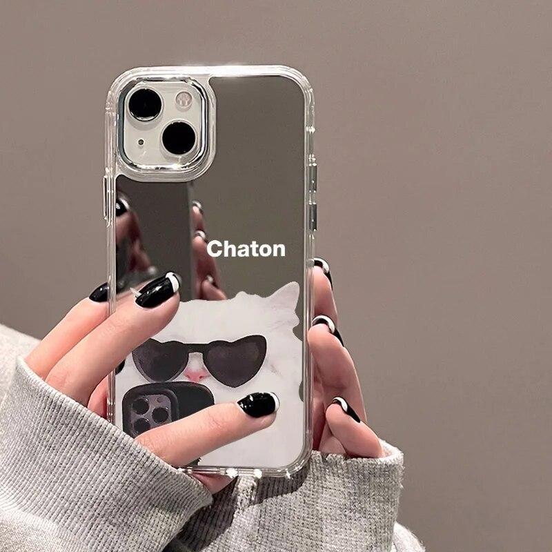 Чехол для телефона с милым животным и милым котом для iPhone 14 Pro, чехол для iPhone 11 15 12 13 Pro Max XS XR X, противоударный чехол для зеркала для макияжа, принципиально