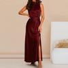 Women Prom Dress Sleeveless High Slim Waist Side Split Silky Mock Collar Solid Color Straight Ankle Length Evening Dress Prom Ball Maxi Dress