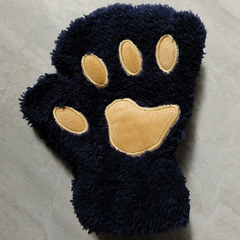 Winter Cute Cartoon Half-Finger Fleece Gloves for Women, Bear & Cat Paw Design.