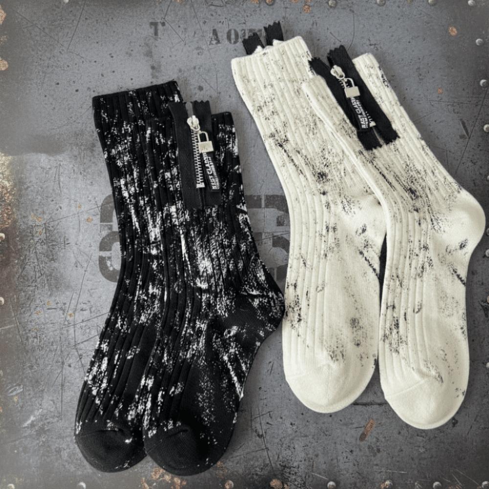 Unique Zipper Socks Spray Paint Splash Ink Streetwear Middle Socks Mid-Calf Socks For Men Women